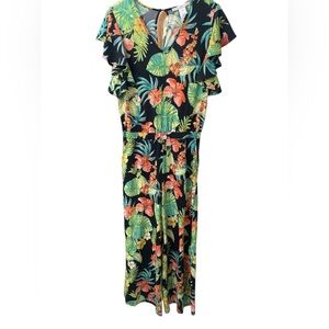 Signature Collection tropical floral jumpsuit ruffle sleeves size small